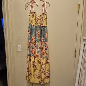 Floral Dress with Yellow and Pink Accents With Satie Shoulder Ties
